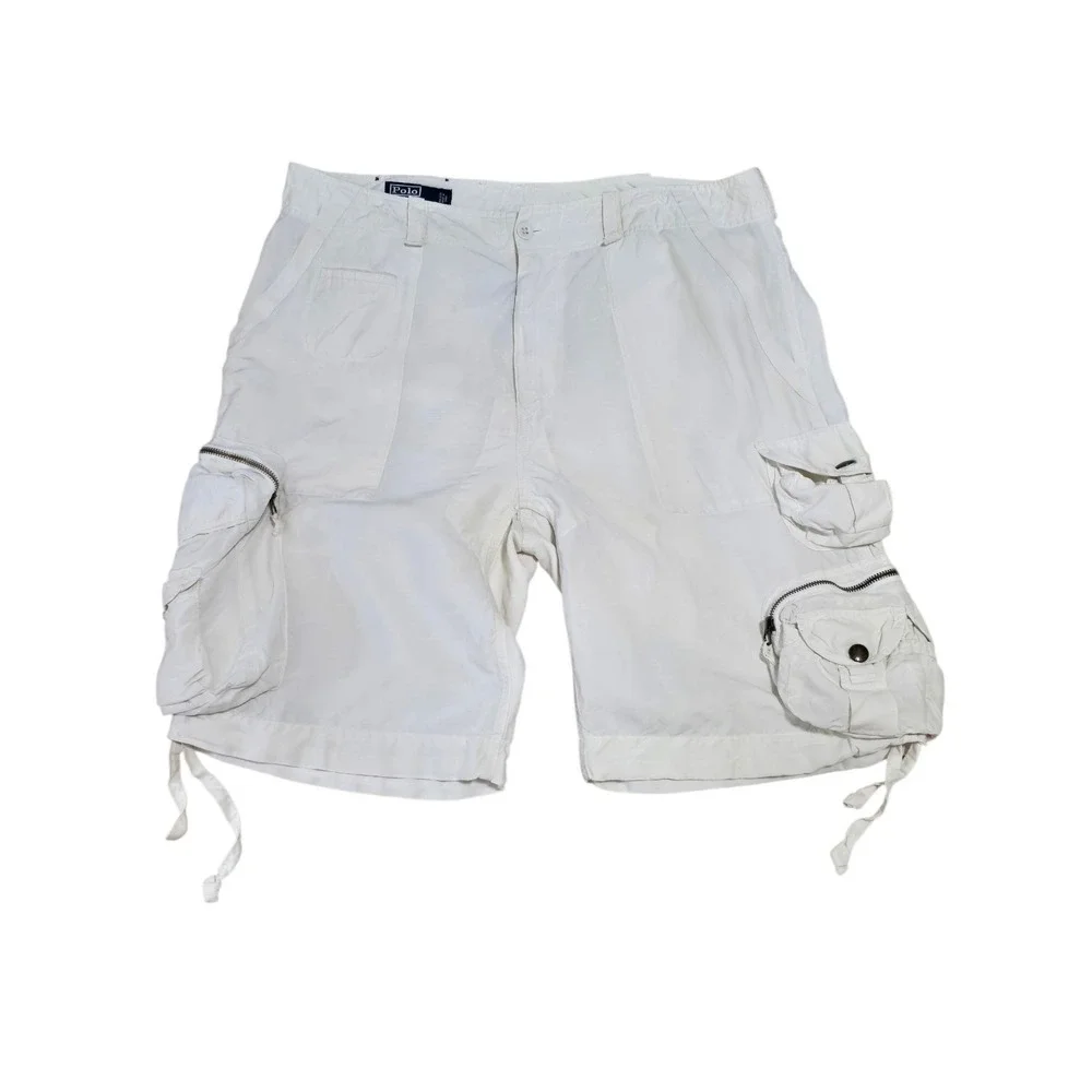 VTG Polo Ralph Lauren Linen Silk Parachute Utility Cargo Shorts Men's 36 Cream